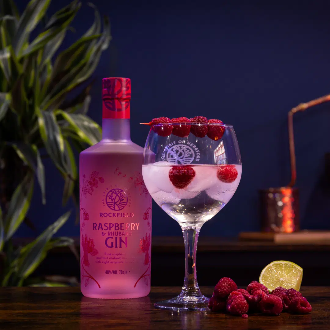 Rockfield Raspberry & Rhubarb Gin 70cl Bottle with glass of Gin and Tonic